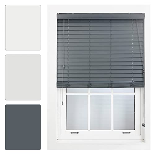 FURNISHED Window Venetian Blinds Faux Wood Venetian Blind 50mm Made to Measure, Dark Grey Up To 105cm x 150cm