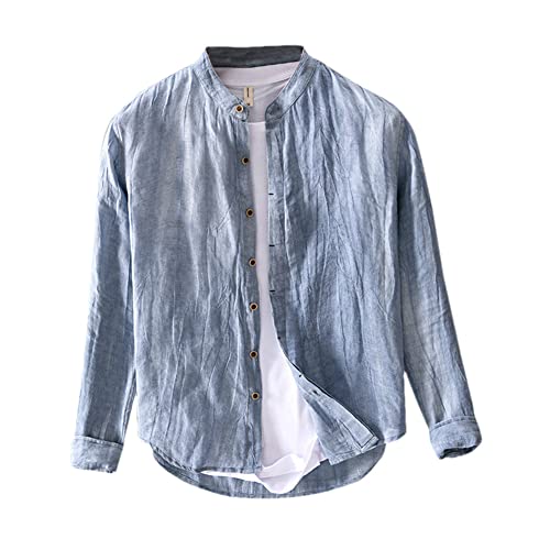 Chemise en lin plissée bleu clair haut de gamme col montant L537 L