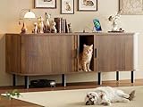 IRONCK 60 Inch Double Cat Litter Box Enclosure Furniture with Built-in Power Outlet & Sliding Door, Hidden Litter Box Cabinet for 2 Cats, Versatile as TV Stand or Sideboard in Walnut