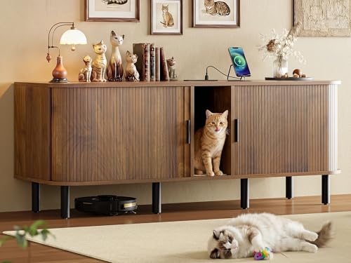 IRONCK 60 Inch Double Cat Litter Box Enclosure Furniture with Built-in Power Outlet & Sliding Door, Hidden Litter Box Cabinet for 2 Cats, Versatile as TV Stand or Sideboard in Walnut
