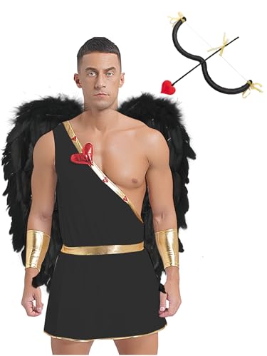 Miutii Disfraz de ángel griego para hombre, disfraz de Dios del Amor, mono con alas de ángel, flecha, arco para San Valentín, Halloween, carnaval, negro, L