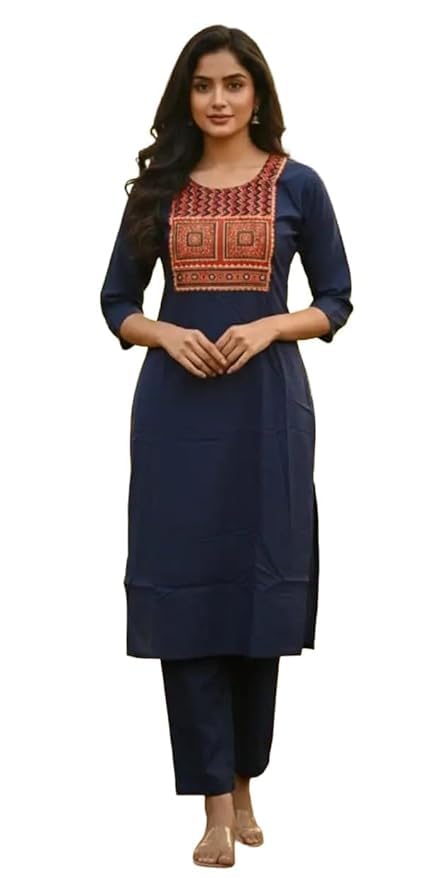 Women Navy Blue Straight Kurti Set with Embroidered Yoke, 3/4 Sleeves (IN, Alpha, L, Regular)