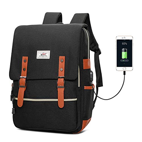 Vintage Laptop Backpack for Men Women, Unisex Fashion School College Rucksack, Water Resistant Business Travel Backpack with USB Charging Port Fits 15.6 Inch Laptop