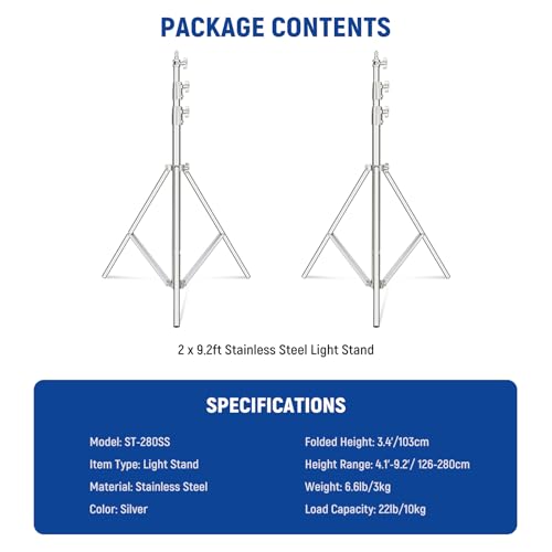Image of NEEWER 2Pcs 9.2ft Stainless Steel Light Stands, Spring Cushioned Heavy Duty Photography Tripod Stand with 1 /4 inch-3 /8 inch Adapter for Strobe Video Ring Light Monolight Softbox, 22lb Max Load, ST-280SS