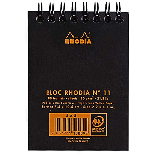 RHODIA 115009C - Notes na spirali (Pełna Oprawa) Czarny - A7 - w kratkę - 80 Oddzielnych Stron - Papier Clairefontaine 80G - Miękka i Wytrzymała Okładka z Powlekanego Kartonu - kołonotatnik