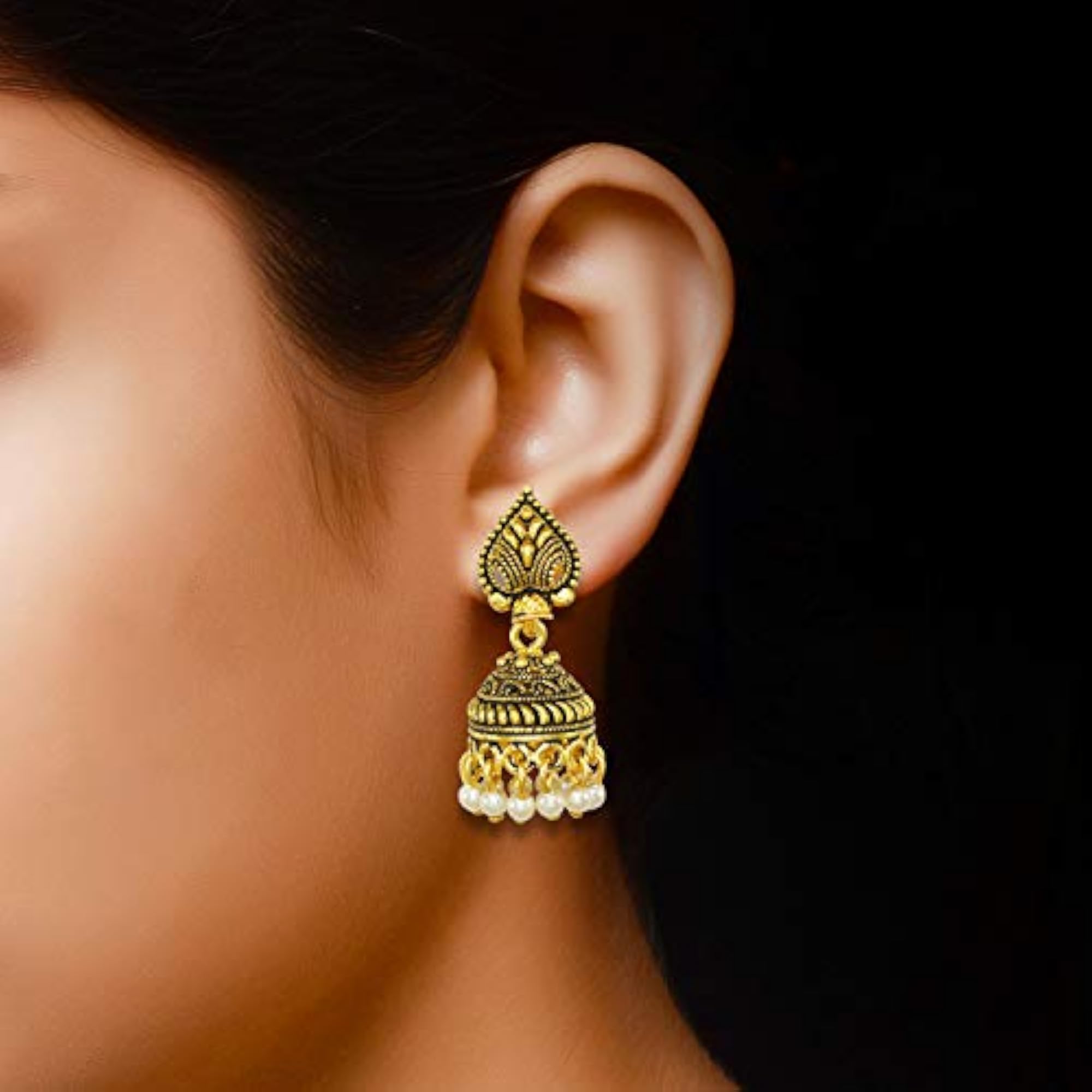 Oxidized German Silver Plated Pan Shape Drop Earrings, Antique Style