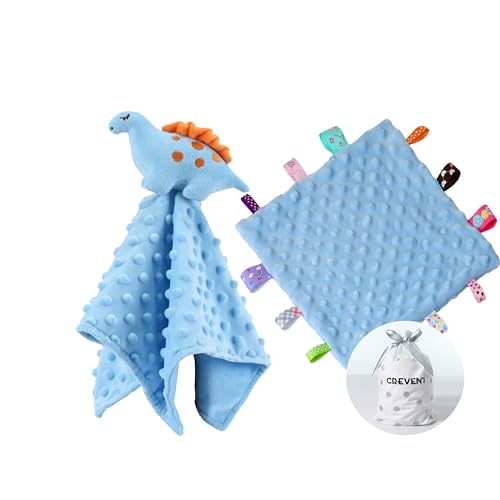 Image of CREVENT Cozy Plush Baby Security Blanket Loveys for Baby Boys, Minky Dot Front + Sherpa Backing with Animal Face (Blue Dinosaur + Tag)