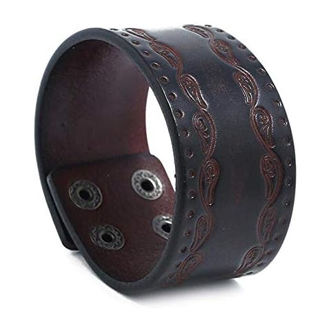 Men’s Dark Brown 3.8cm Wide Leather Bracelet Sides Embossed Wings Push Button Wristband Cuff Bangle,23.2cm Cover