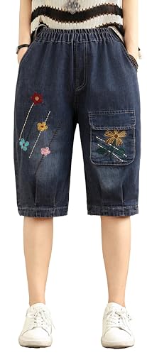 LAI MENG FIVE CATS Women Denim Harem Pants Loose Jeans with Elastic Waist with Pocket