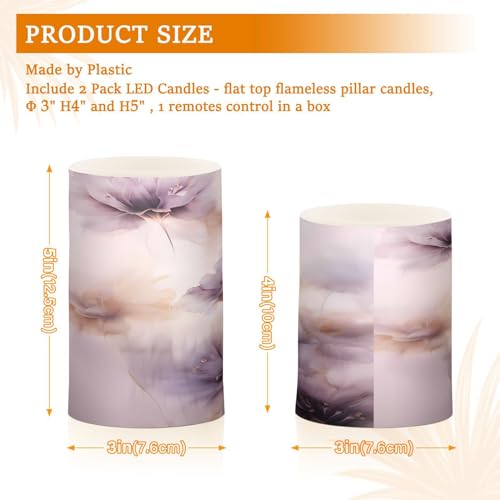 Image of ALAZA Purple Flowers Flickering Flameless Candles Battery Operated with Remote Timer,Tea Light Candles LED Pillar Votive Candles Set of 2 for Outdoor Indoor Decorations