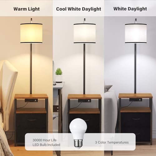 Image of SUNMORY Floor Standing Lamp with Table & 2 Drawers, USB & AC Charging Port | 3 Color Temperature LED Bulb, Modern Nightstand for Bedroom, Shelves End Side Table Lamp for Living Room Home Office