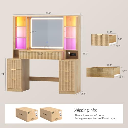 Image of Big Vanity, Fluted Wood Makeup Vanity with Mirror Lights, Oak Vanity Desk