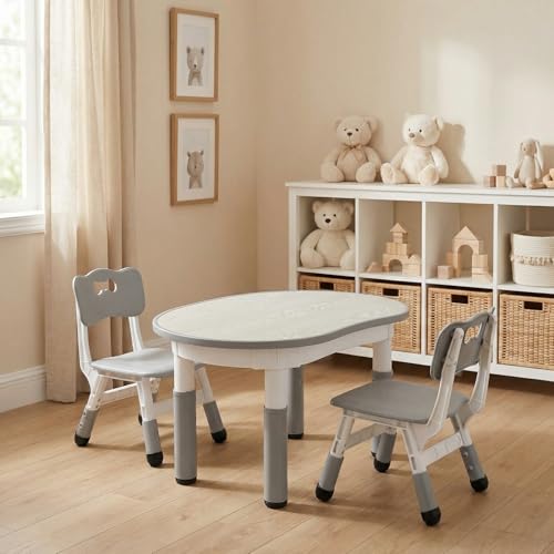 Mesa infantil con 2 sillas, paquete con 2 sillas, grupo de asiento infantil de altura ajustable, juego de mesa de plástico para niños, forma de cacahuete, mesa de pintura, escritorio para niños para - imagen 2
