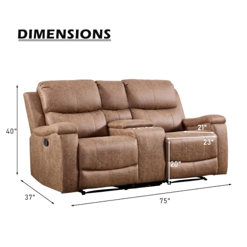 Image of CANMOV Manual Reclining Loveseat with Console,Faux Leather Double Recliner Loveseat Sofa with Hidden Storage and Cup Holders,Manual Recliner Loveseat Couch Set for Living Room,Nut Brown