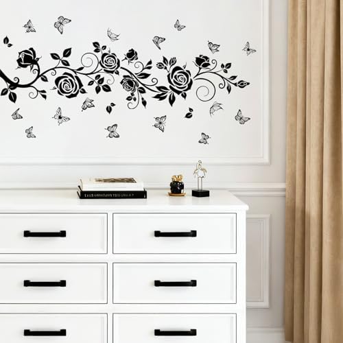 FUFUQUARE Flower Vine Decals Flying Butterfly Black Floral Wall Stickers Removable Wall Art Decor for Living Room Bedroom - 3