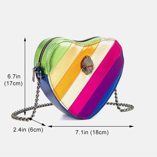 Image of Rejolly Rainbow Stripe Heart Shaped Purse for Women Crossbody Bag Metallic PU Leather Shoulder Bag