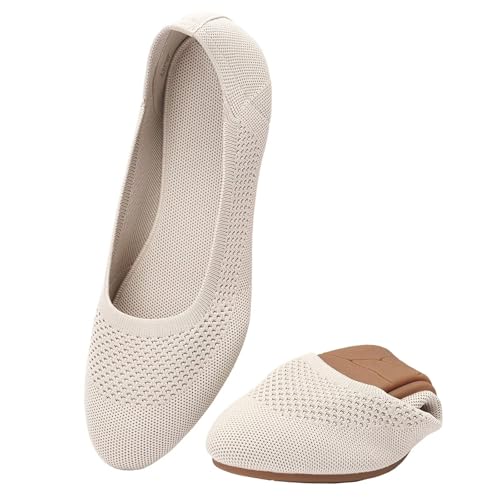Puxowe Damen Ballerina Runde Zehe Stricken Flache Schuhe Komfort Weich Slip On Ballerina Walking Flats Schuhe für Frauen Niedriger Keil Lässig 36 EU Nude