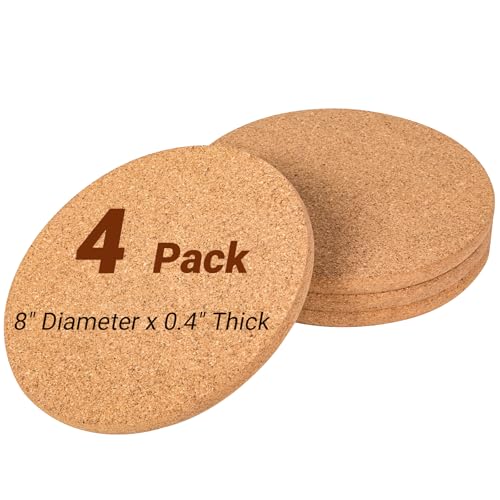 CRCHOM - Juego de 4 salvamanteles de corcho redondos de 8 pulgadas de diámetro x 0.4 pulgadas de grosor para platos, ollas, sartenes y plantas