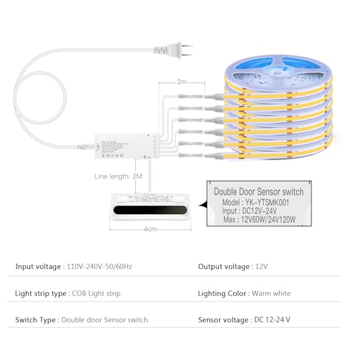 Image of 12V COB LED Strip Light,6 -in-1 Door Sensor Control LED Under Cabinet Lighting,3.3Ft 3000K Warm White Shelf Lighting Strip for Wine Cabinets, Shoe Racks, Display Cabinets, Kitchen Cabinets