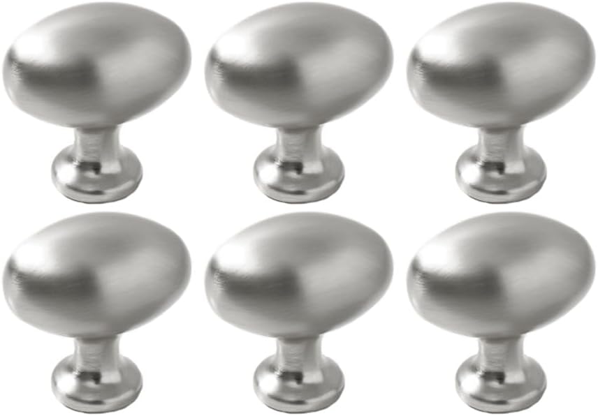 6 Pack Silver Cabinet Knobs 1.3" Brushed Silver Egg Drawer Knobs Zinc Alloy Single Hole Pulls for Dresser 33mm Oval Cupboard Handles for Kitchen Wardrobe Cabinet Bathroom Hardware