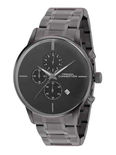 Image of French Connection Grey Embossed Round Dial | Gun Stainless Steel Mesh Strap Chronograph Watch for Mens FCO5GNM