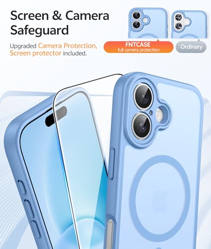 Image of FNTCASE for iPhone 16 Case [Compatible with Magsafe] Translucent Matte Cases with [Screen Protector] Military Grade Shockproof Protective Phone Cover - Light Blue