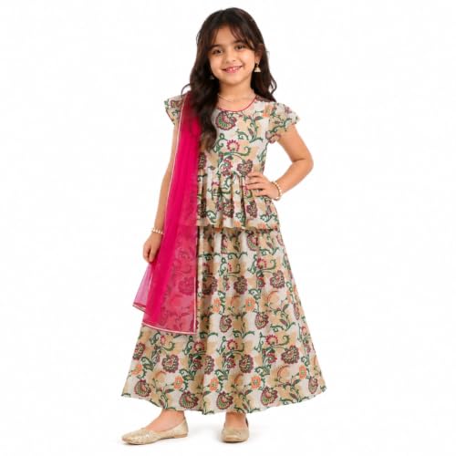 Image of The Magic Wand Foil Printed Lehenga Choli With Dupatta Set For Kids Girls, Chanderi Cap Sleeves Lace Readymade Top & Lehenga Ethnic Traditional Outfit For Festivals & Wedding, Offwhite, 3-4 Year