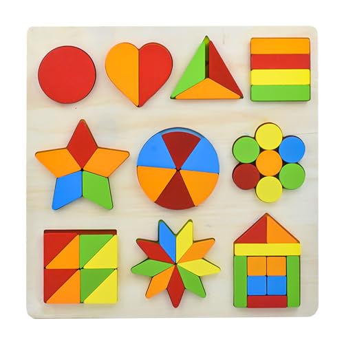 Image of WISHKEY Wooden Shapes Puzzle Learning Toy, Montessori Game Educational Toys for Kids, Intelligence Brain Teaser Puzzle Board with 10 Designer Shapes, Multicolour, 3+ Years (Pack of 1)