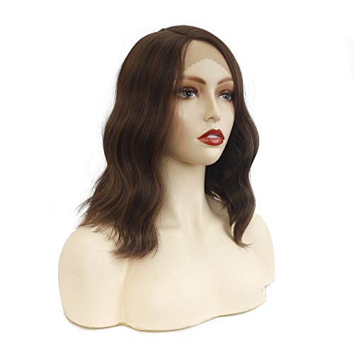 Brown Wavy Lace Front Synthetic Wig for Women, 12 Inch Shoulder Length Right Side Parting Loose Curly Hand Tied Natural Hairline Heat Resistant Replacement Wig (Light Brown)