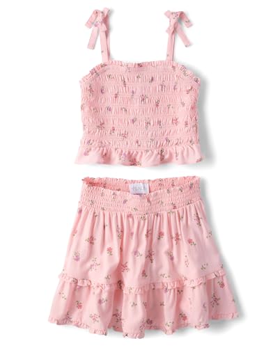 The Childrens Place Girls Smocked Top and Skirt 2 Piece Set Nectar Pink Medium