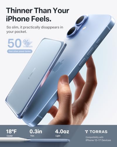 Image of TORRAS MiniMag Pro Power Bank, Ultra Slim Semi Solid-State Portable Charger, Wireless 5,000mAh Magnetic Battery Pack, Fast Charging, Travel Essential for iPhone 17 /16 /15 /14 /13 /12, Glacier Blue | Ultra Slim Portable Charger, Semi Solid-State Battery Pack, Wireless Fast Charging, iPhone 17 /16 /15 /14 /13, Travel & Daily Use