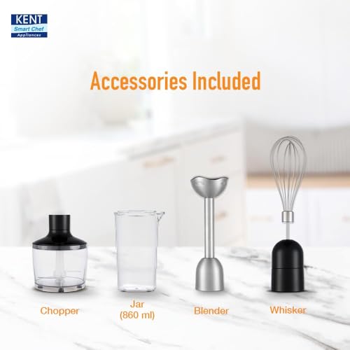 Image of KENT Hand Blender Plus Chopper 450 W | Variable Speed Control | Turbo Switch for Fast Blending & Chopping | Hot & Cold Blending | Low Noise DC Motor | Multiple Attachments Chopper, Whisker & Jar