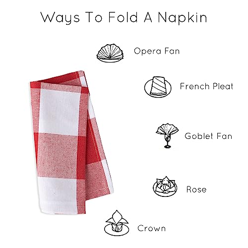 Image of Encasa XO Dining Table Napkins Set of 6, 43x43 cm | Machine Washable Reusable, Recycled Cotton Cloth Napkin, Soft & Absorbent, Table Decor for Hotels, Farmhouse - White & Buffalo Red Checks