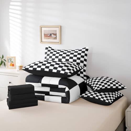 Image of Erosebridal Checkered Full Comforter Set 7 Piece Black and White Buffalo Plaid Bedding Sets for Kids Boys Teen Men,Geometric Grids Gingham Bed in A Bag with Sheets Modern Bed Set Bedroom Decor