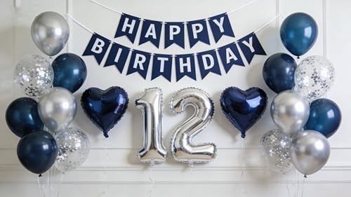 Decoración de 12 cumpleaños para niño y niña, 12 años, color dorado metálico, azul y blanco, globo número 12 globos de papel de aluminio, decoración para fiestas, globos de 12 aniversario, fiesta de