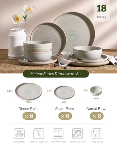 Image of Famiware Meteor Plates and Bowls Sets, 18-Piece Stoneware Dinnerware Sets, Dishes Set for 6, Microwave and Dishwasher Safe Tableware, Matcha Green