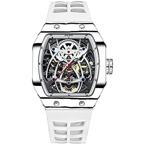 GZFCMY JINLERY Skeleton Automatic Mechanical Men Tourbillon Tonneau Wrist Watch Carbon Fiber Silicone Sapphire Crystal Waterproof Luminous Spider Hollow Clock (J9054J3 Silver White)