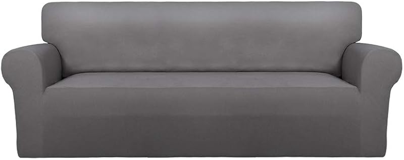 PureFit Stretch Couch Covers for Sofa Large Sofa Slipcovers Light Gray | 1-Piece Spandex Couch cover Soft Couch protector, Sofa cover Washable with Non Skid Foam and Elastic Bottom for Kids, Dogs