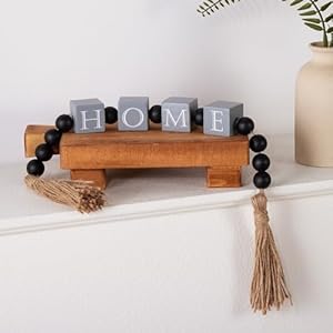 Wood Home Sign Block & Bead Garland with Jute Tassel for Home Decor, Modern Farmhouse Decoration for Tabletop, Mantel, Shelf, Tiered Tray Decor (Grey) Wood Home Sign Block Bead Garland with Jute Tassel for Home Decor Modern Farmhouse Decoration for Tabletop Mantel Shelf Tiered Tray Decor Grey