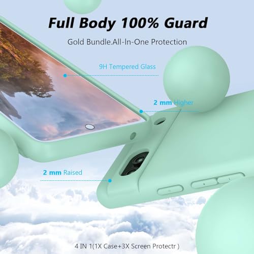 Neseovge for Google Pixel 7A Phone Case with 3 Pack Tempered Glass Screen Protectors, Soft Liquid Silicone TPU with Microfiber Liner Full-Body Protective Cover Case for Google Pixel 7A, Light Cyan