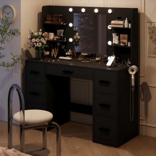 Image of YESHOMY Vanity Desk with Mirror, Power Outlet and 10 Lights, Makeup Table with 7 Drawers, 3 Color Modes Available for Bedroom, Black