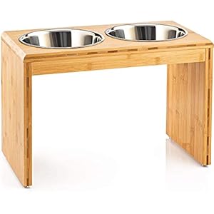 Migosset Futterstation – Erhöhter Futterspender für kleine, mittlere & größere Hunde – Futternapf-Halterung aus Bambus – Mit 4 Edelstahlnäpfen (groß)