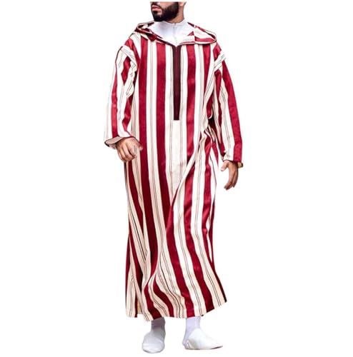 Men Long Sleeve Kaftan Thobe Hooded Muslim Men Thobe Big and Tall Hooded Dubai african Stripe Caftan Gown M-4XL