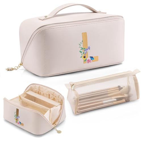 Vlando Mothers Day Mom Gifts,Graduation Gifts for Girls,Personalized Makeup Bag,Makeup Organizer Bag,Preppy Stuff Gifts for Teen Girls Birthday Gift for Women Friends Sister(Letter A) White-