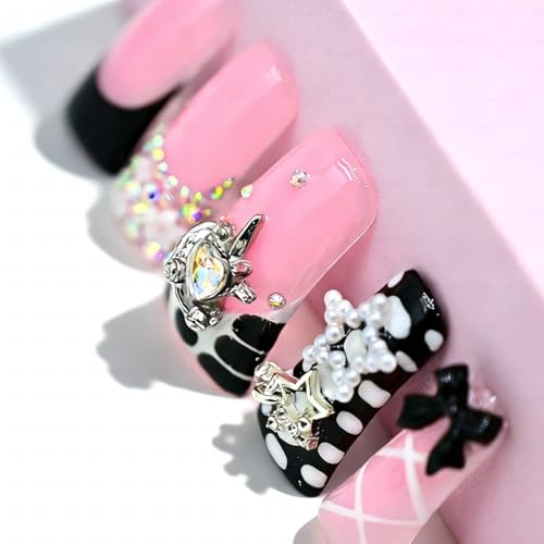 IntoVibes 10 Pieces Luxury Acrylic Press On Nails Long Handmade Duck Nails, Black Thickened False French Nails, With 3D Bowknot And Stars, Reusable Fake Nails, Acrylic Nails (M) — view 3