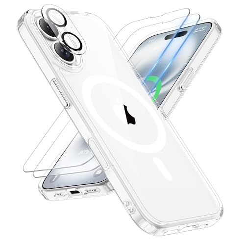 ORETECH Magnética para Funda iPhone 16, Compatible con mag-Safe, con [2X Protector de Pantalla y 1 Protector Cámara] Antichoque Antigolpes Case para Carcasa iPhone 16 Funda 6,1' Transparente