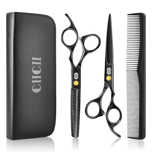 CIICII Hair Cutting Scissors Shears Kit, Professional Barber Haircut Scissors Set (6.7 Inch Hair Beard Hairdressing Trimming Haircutting Thinning Shears) for Men Women Hairdresser Home Salon (Black)