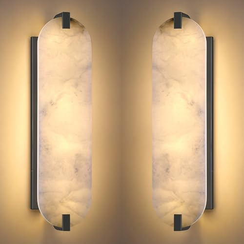 Image of 21.7 inch Natural Oval Alabaster Marble Modern Concise 2 Pack 4 Light Wall Sconce Fixture,Black Finish for Bathroom Bedroom Hallway Bedside Staircase Vanity Mirror