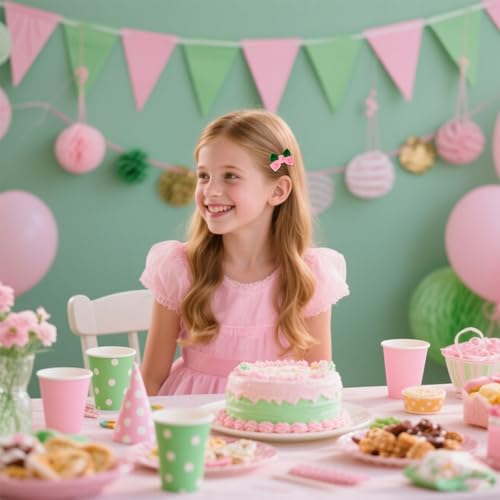 Wecoe 2 piezas Pinzas para el cabello de lazo de terciopelo, lazos de doble capa rosa y verde para niñas y mujeres miniatura 5