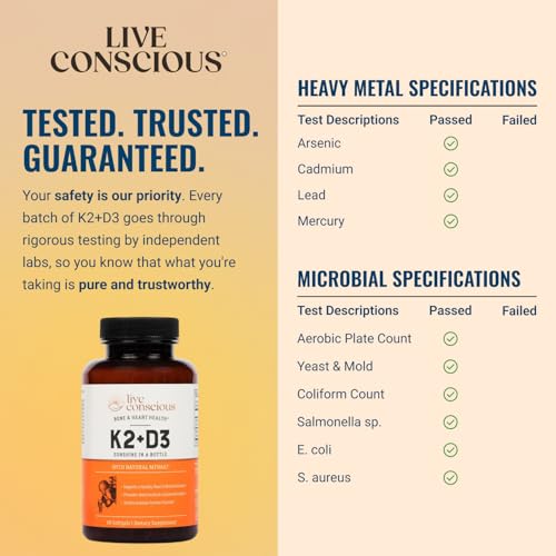 Live Conscious Vitamin K2 MK7 with D3 Supplement | Bone & Heart Health Support - Patented Vitamin K & Vitamin D3 5000 IU - 60 Softgels